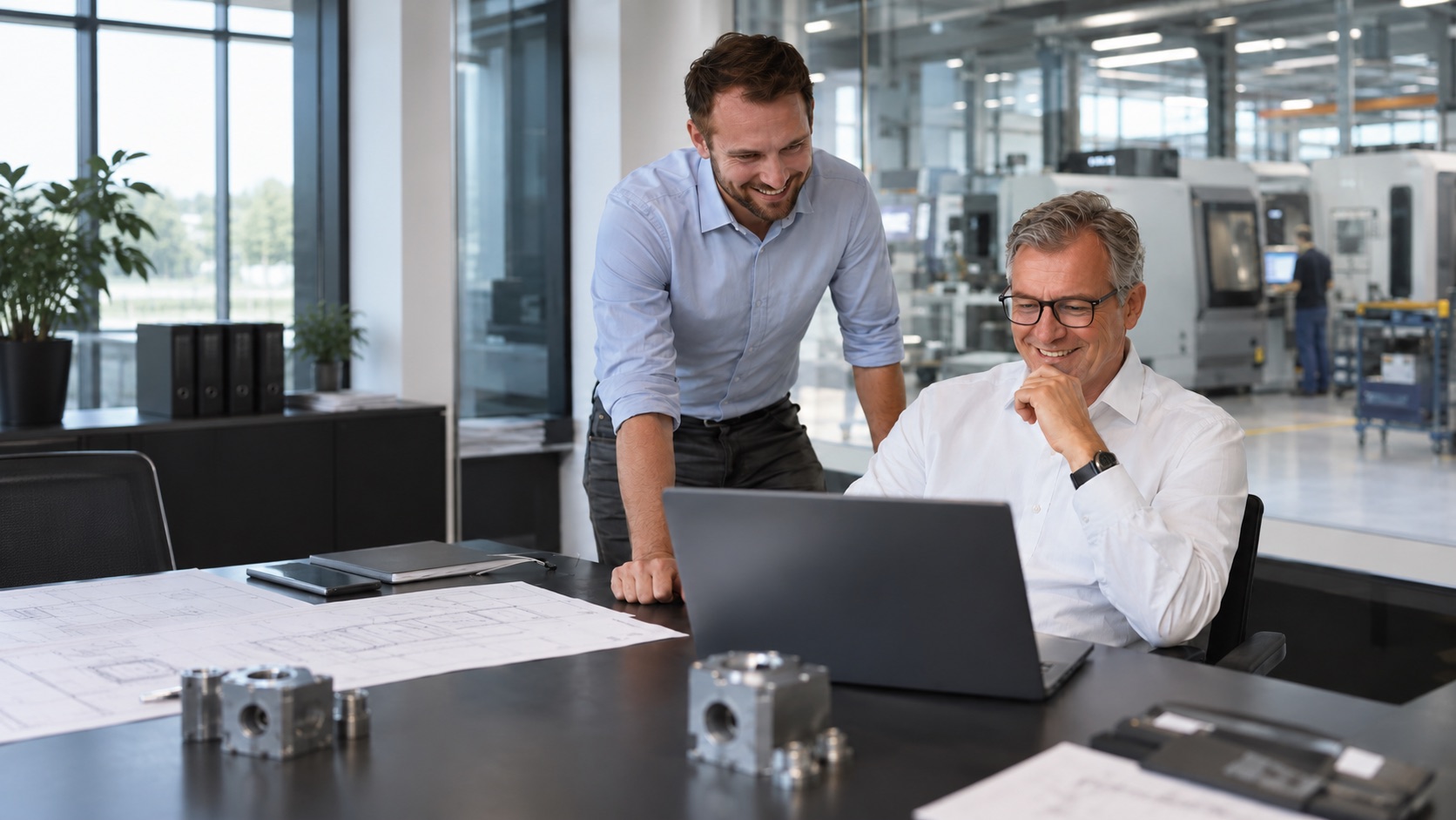 Zwei Kollegen schauen gemeinsam auf einen Laptop, im Hintergrund eine Produktionshalle